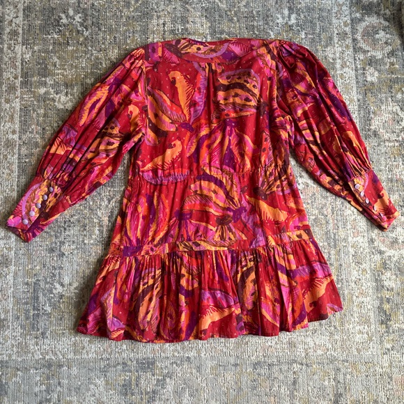 Farm Rio Long Sleeve Mini Dress Banana Juice Print Pink Beaded Drawstring Large - Picture 13 of 14